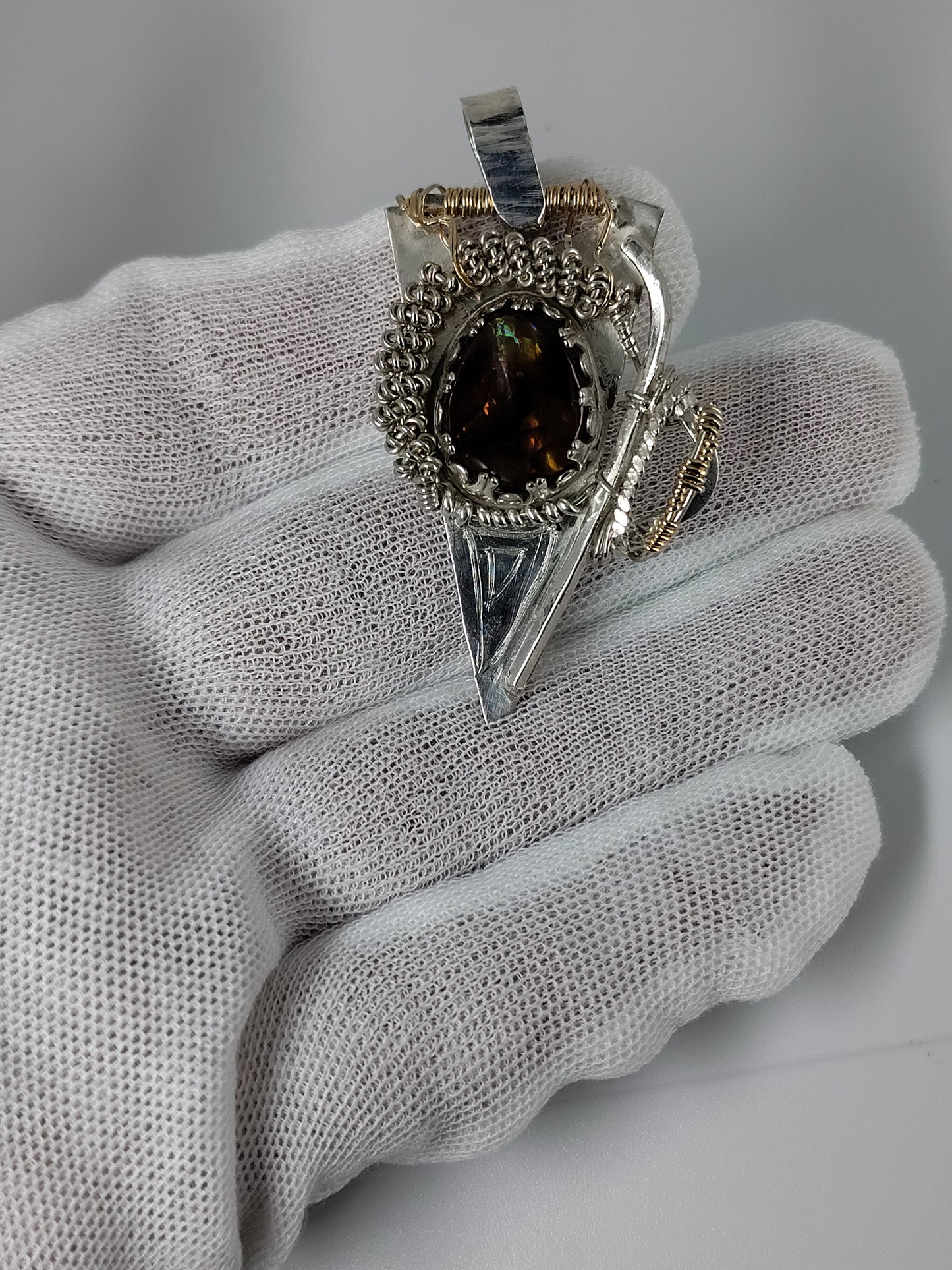Fire Agate Pendant in Argentium Silver & 14k gold