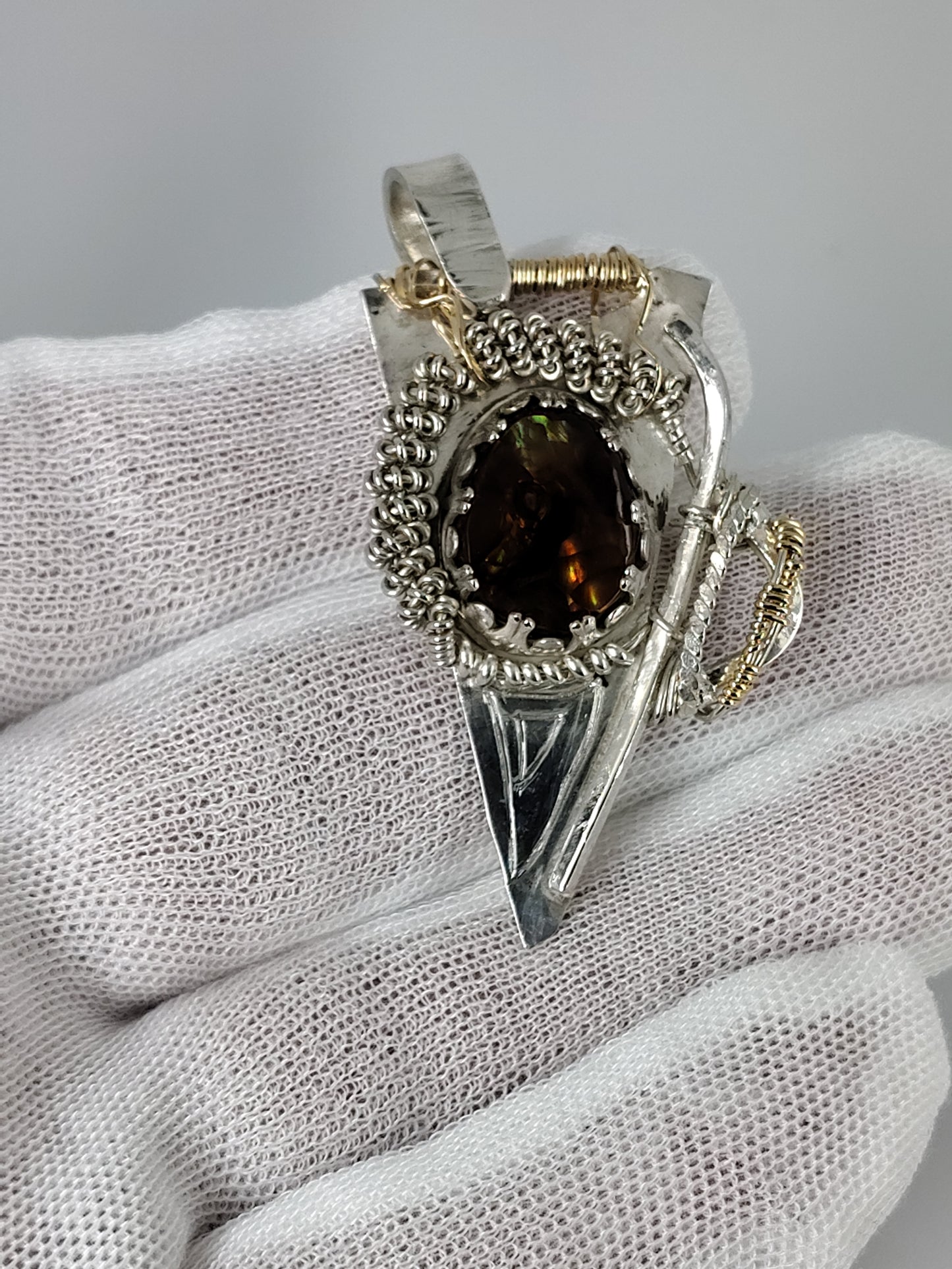 Fire Agate Pendant in Argentium Silver & 14k gold