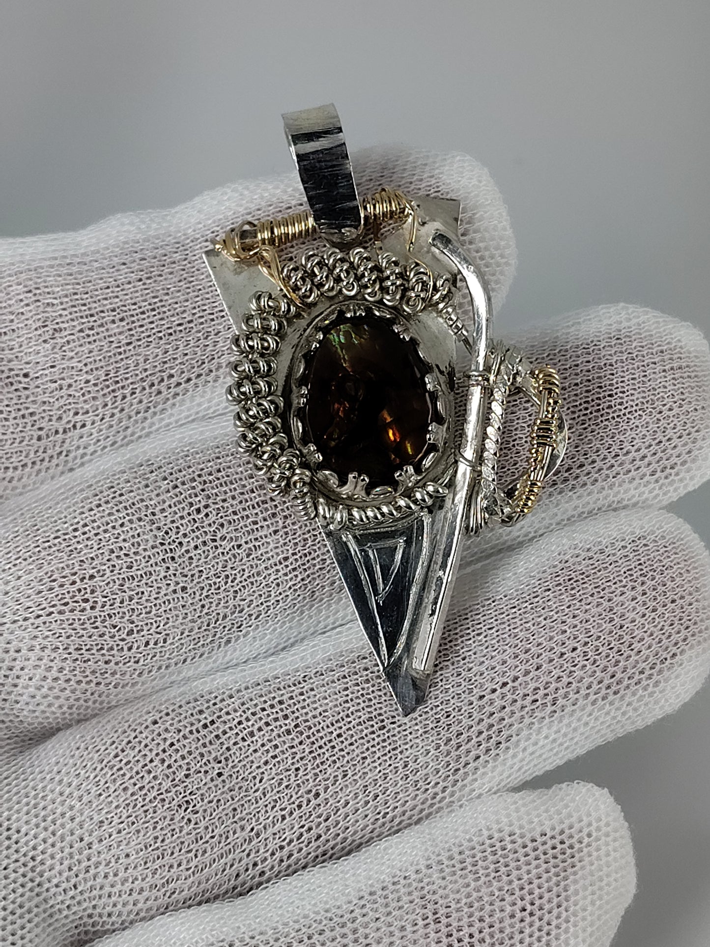 Fire Agate Pendant in Argentium Silver & 14k gold