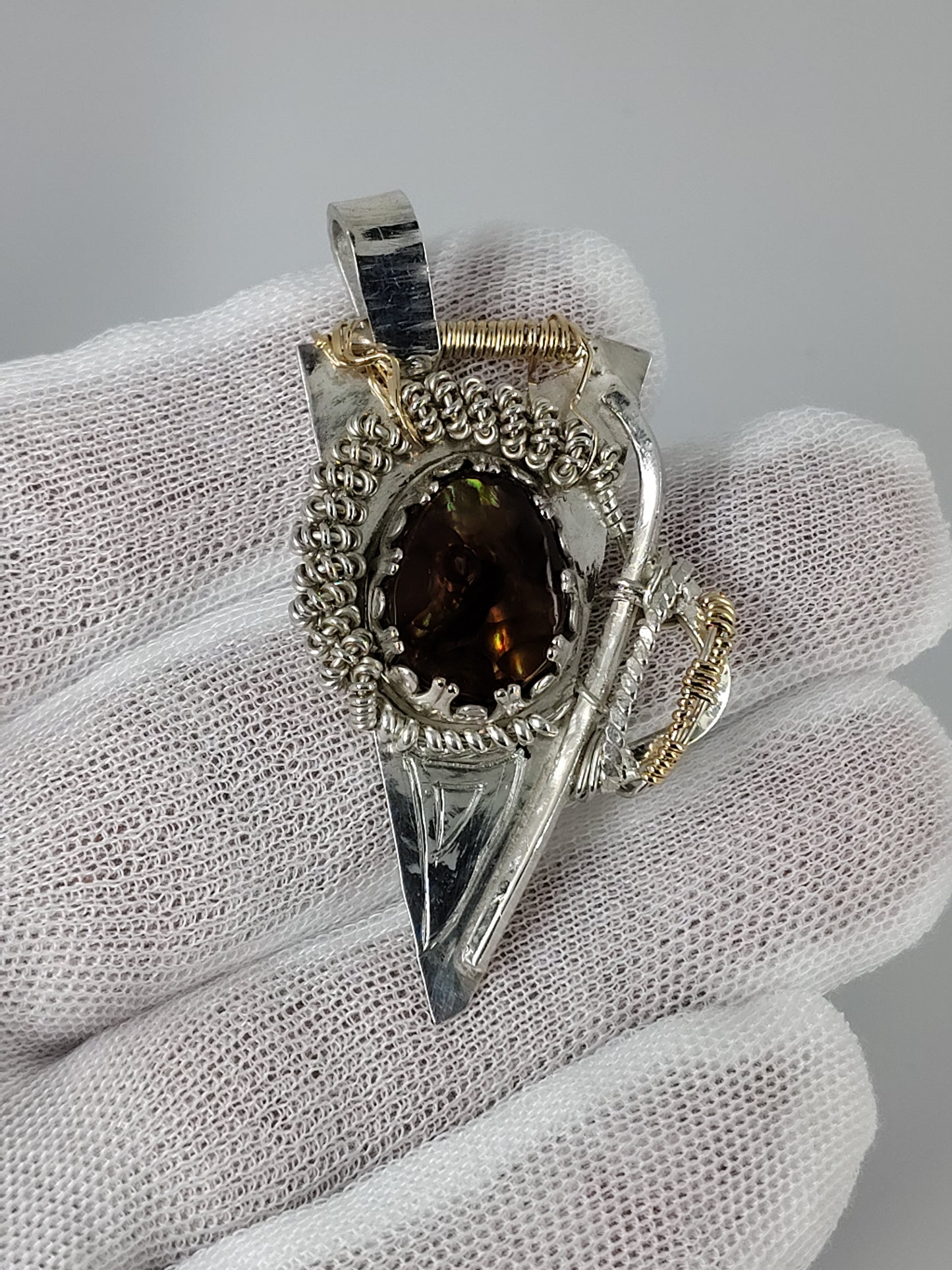 Fire Agate Pendant in Argentium Silver & 14k gold